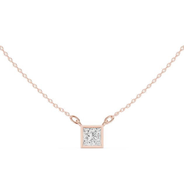 Front-view: Princess Diamond Pendant with Bezel Setting in 14k Rose Gold - Lab Grown - Driona Jewels