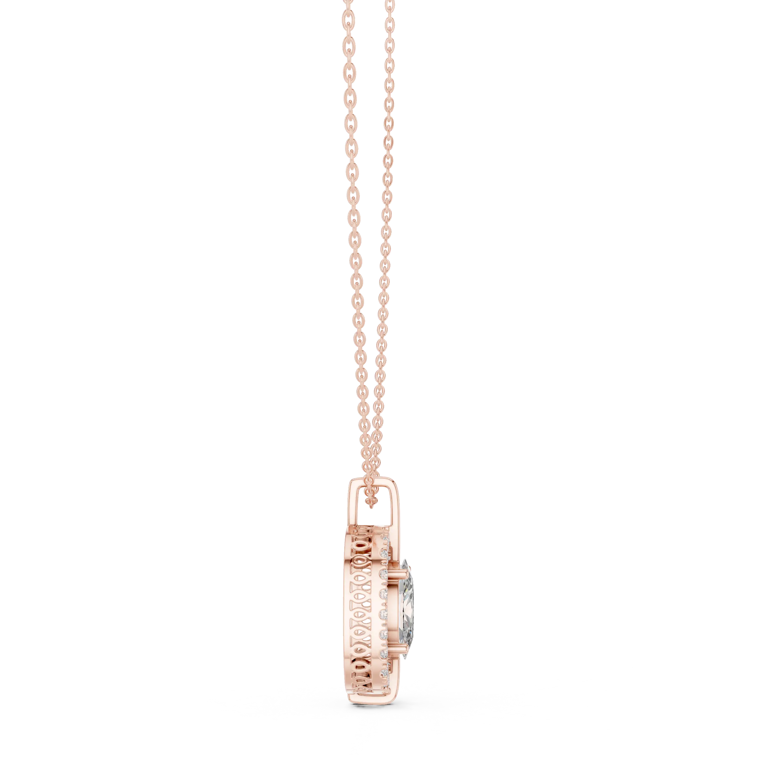 Front-view: Princess Cut Diamond Pendant with Halo Setting in 14k Rose Gold - Lab Grown - Driona Jewels