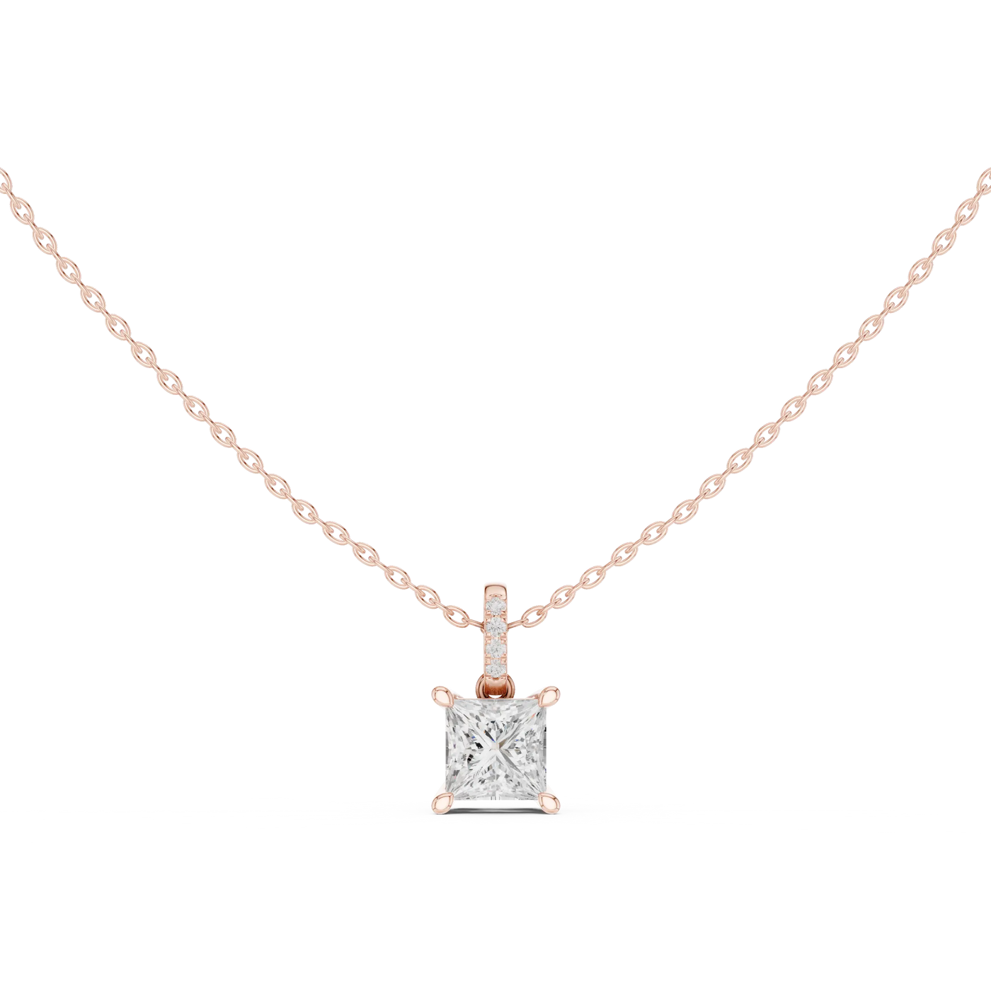 Front-view: Princess Diamond Pendant with Halo Setting in 14k Rose Gold - Lab Grown - Driona Jewels