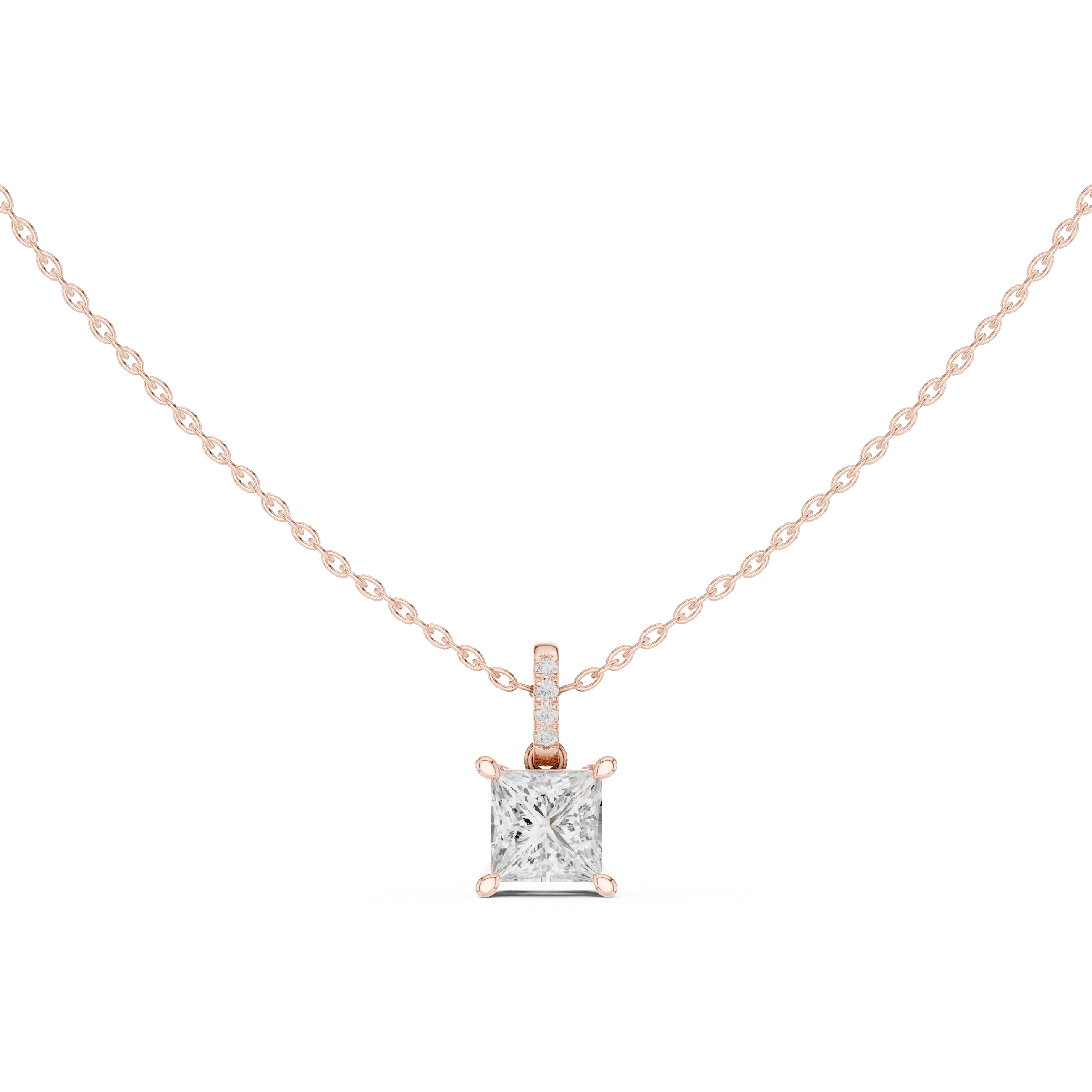 Front-view: Princess Diamond Pendant with Halo Setting in 14k Rose Gold - Lab Grown - Driona Jewels