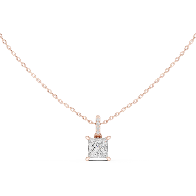 Front-view: Princess Diamond Pendant with Halo Setting in 14k Rose Gold - Lab Grown - Driona Jewels