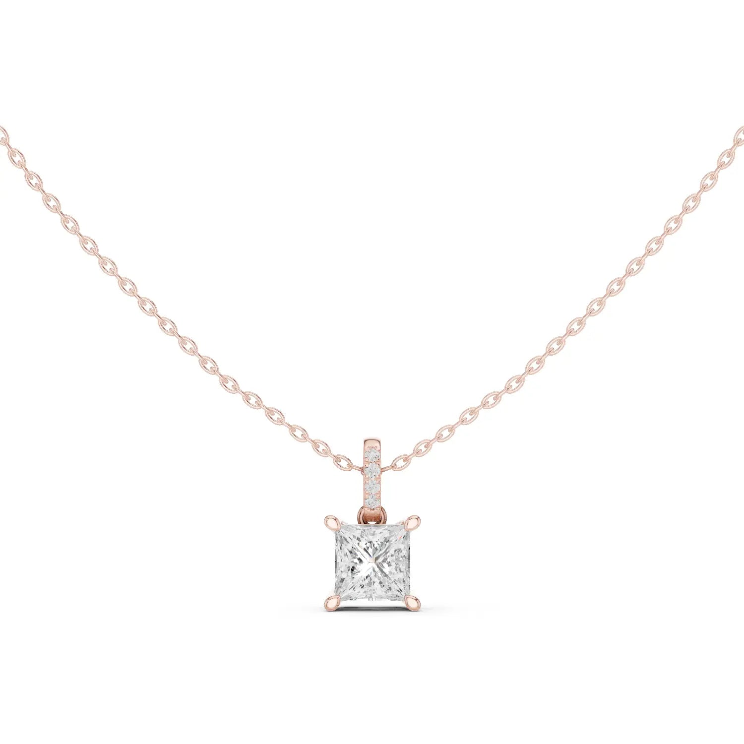 Front-view: Princess Diamond Pendant with Prong Setting in 14k Rose Gold - Lab Grown - Driona Jewels
