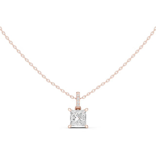 Front-view: Princess Diamond Pendant with Prong Setting in 14k Rose Gold - Lab Grown - Driona Jewels