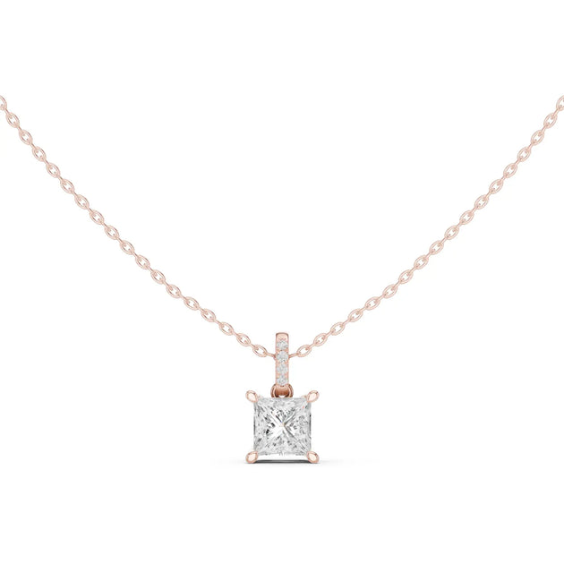 Front-view: Princess Diamond Pendant with Prong Setting in 14k Rose Gold - Lab Grown - Driona Jewels