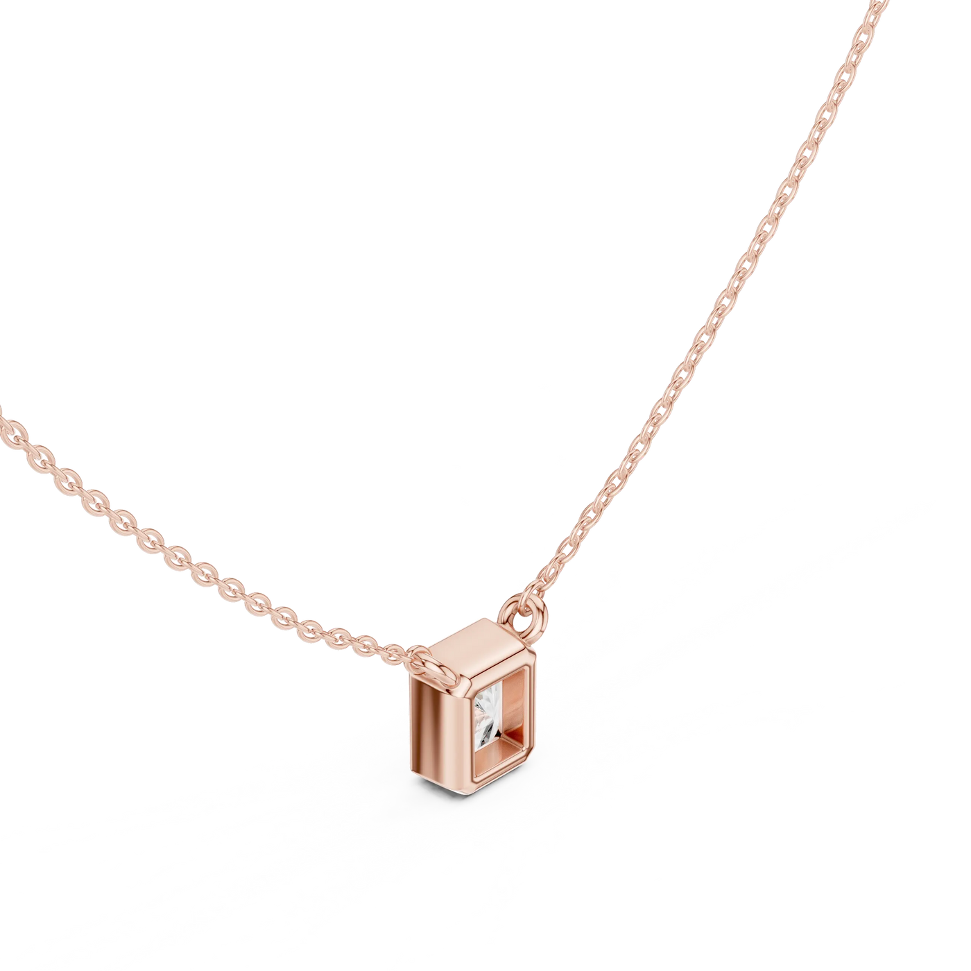 Three-quarter-view: Princess Cut Diamond Pendant with Prong Setting in 14k Rose Gold - Lab Grown - Driona Jewels