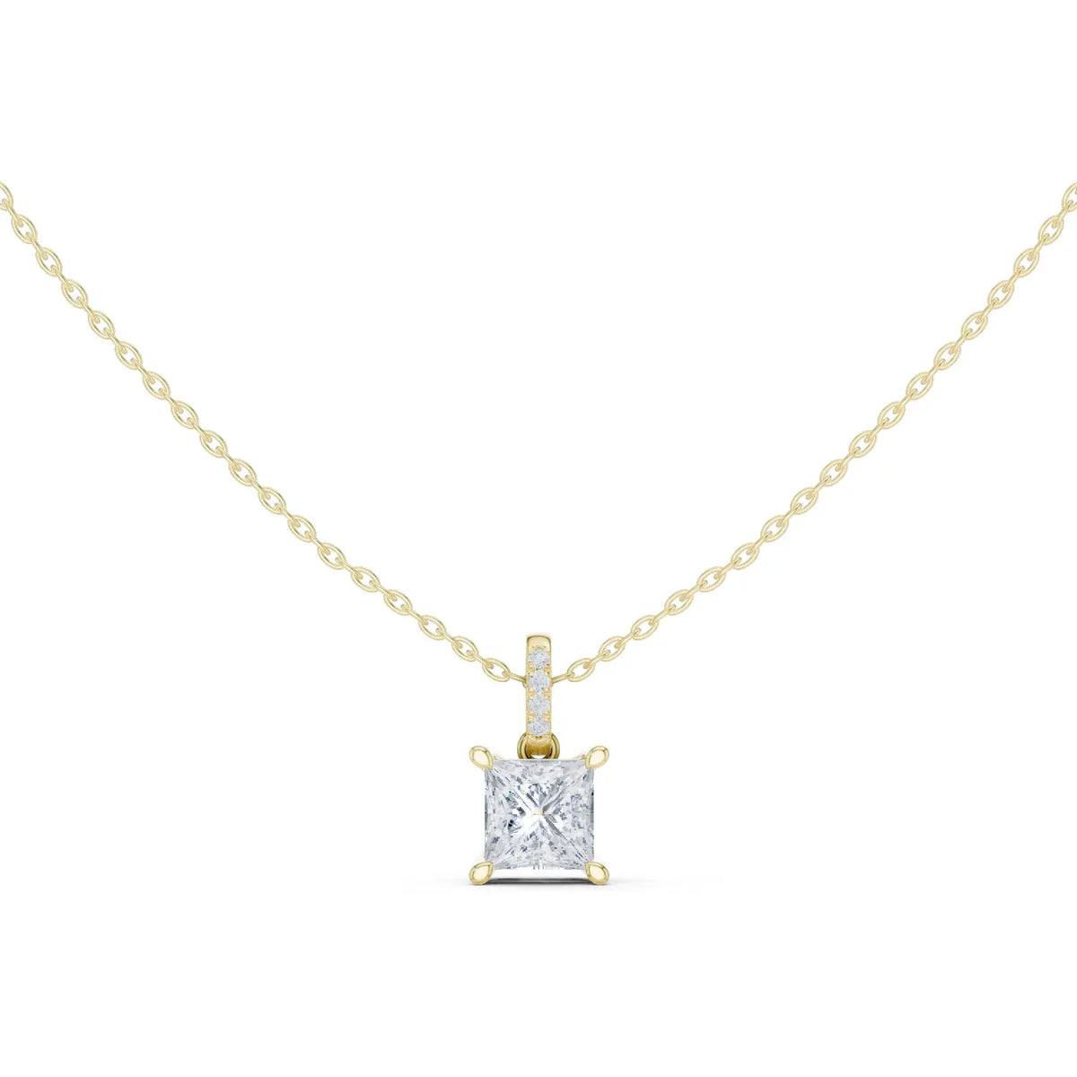 Front-view: Princess Diamond Pendant with Prong Setting in 14k Yellow Gold - Lab Grown - Driona Jewels