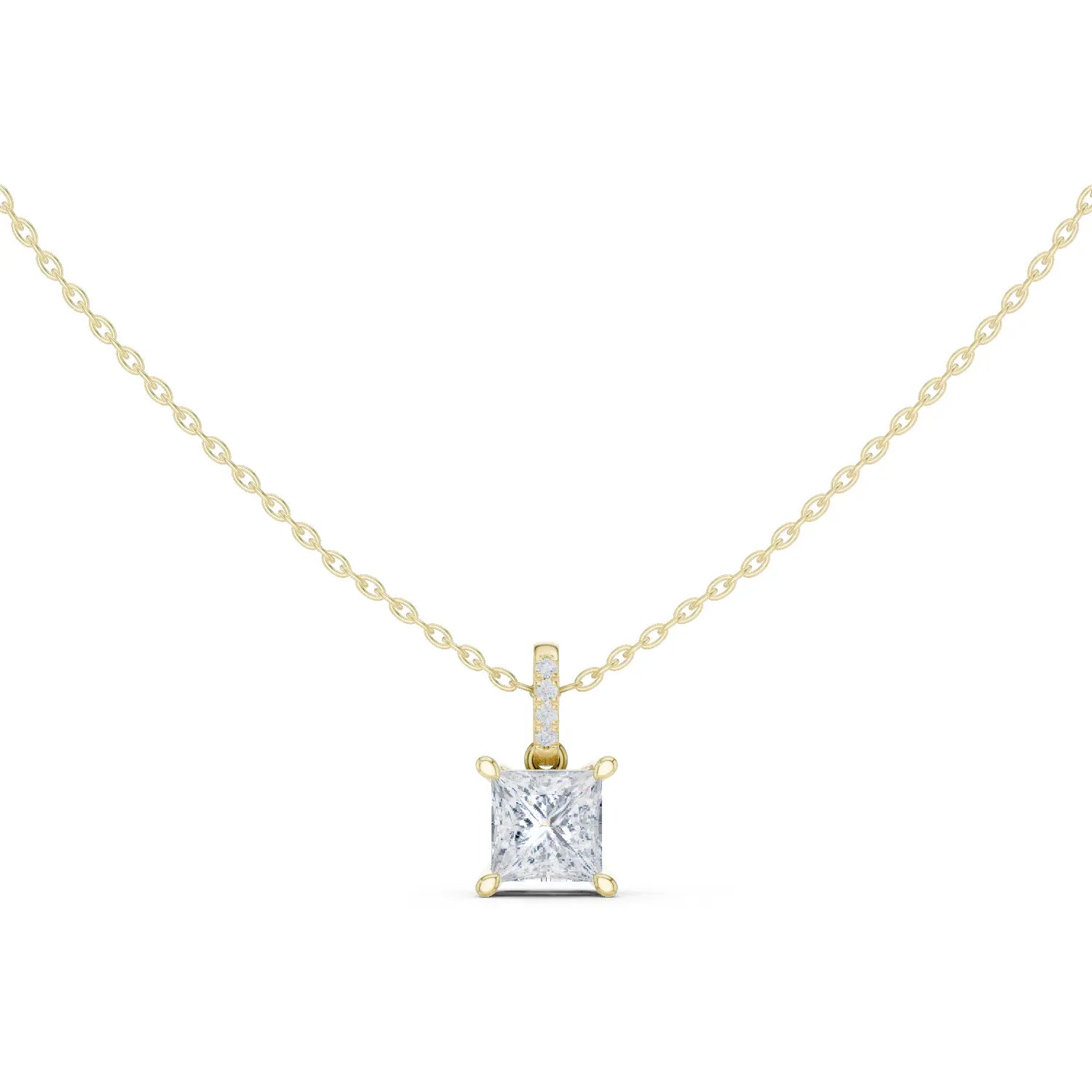 Front-view: Princess Diamond Pendant with Prong Setting in 14k Yellow Gold - Lab Grown - Driona Jewels