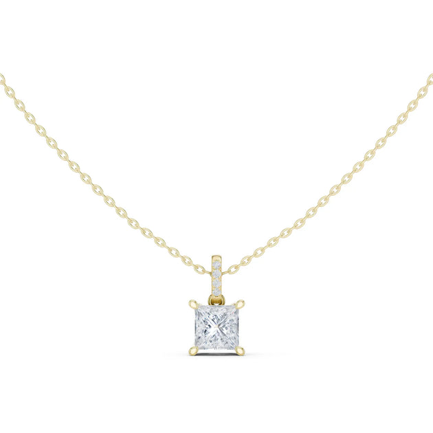 Front-view: Princess Diamond Pendant with Prong Setting in 14k Yellow Gold - Lab Grown - Driona Jewels