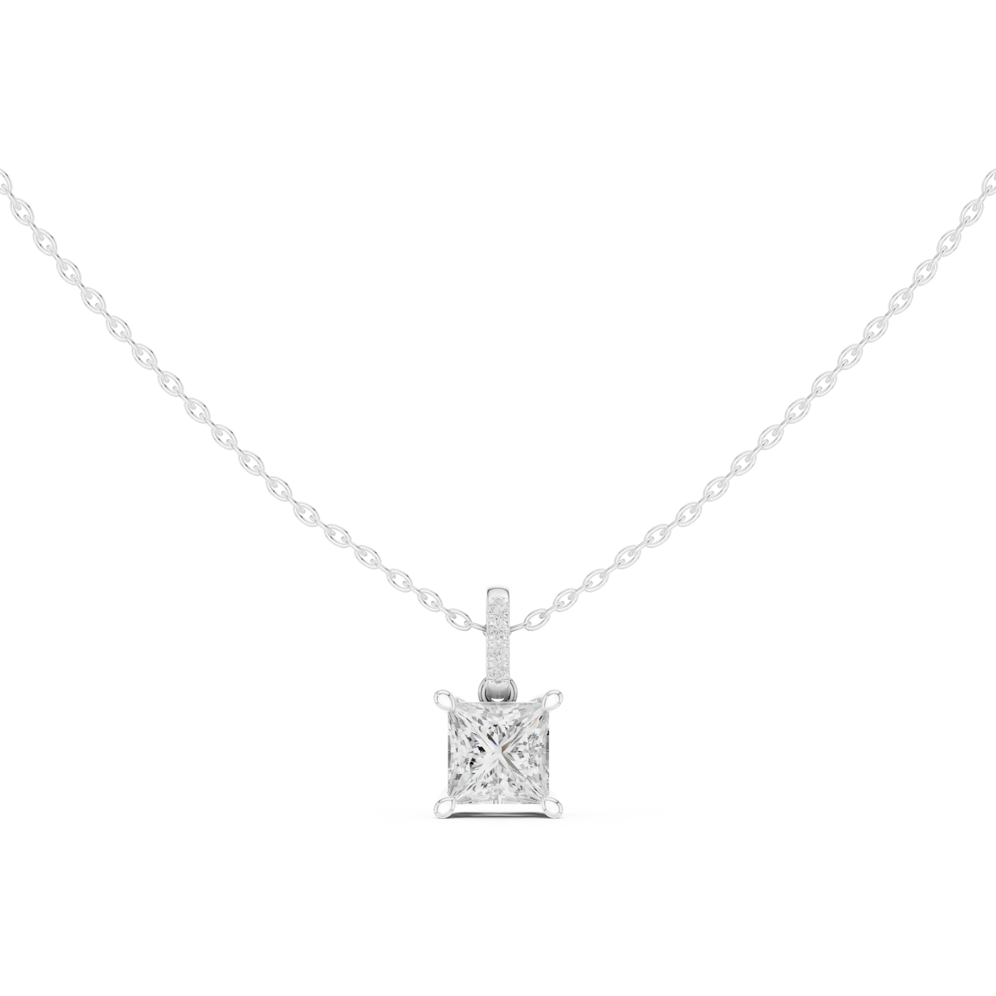 Front-view: Princess Diamond Pendant with Solitaire Setting in 14k White Gold - Lab Grown - Driona Jewels