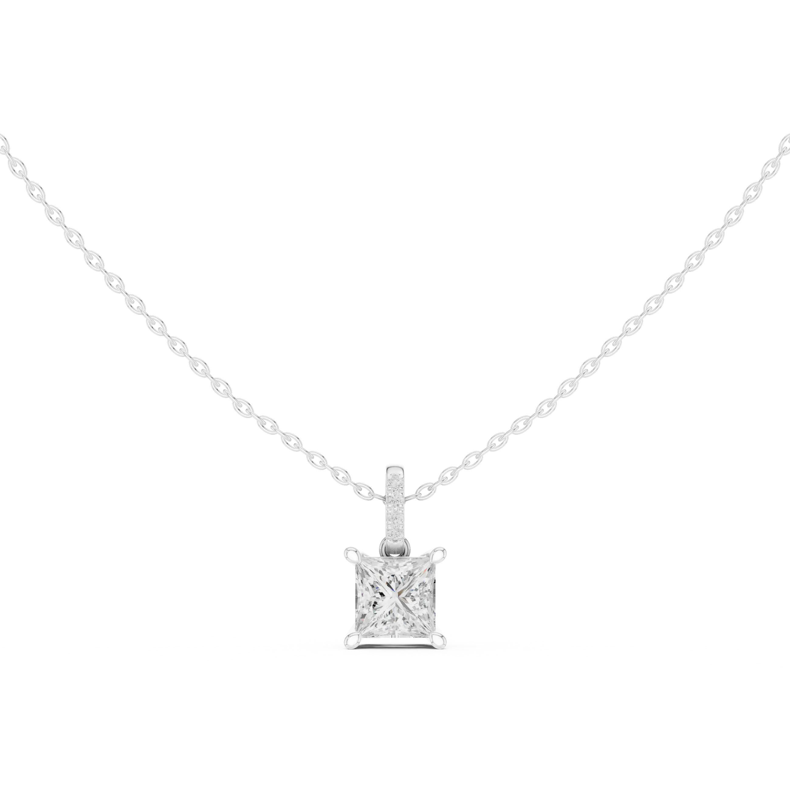Front-view: Princess Diamond Pendant with Solitaire Setting in 14k White Gold - Lab Grown - Driona Jewels