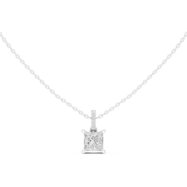 Front-view: Princess Diamond Pendant with Solitaire Setting in 14k White Gold - Lab Grown - Driona Jewels