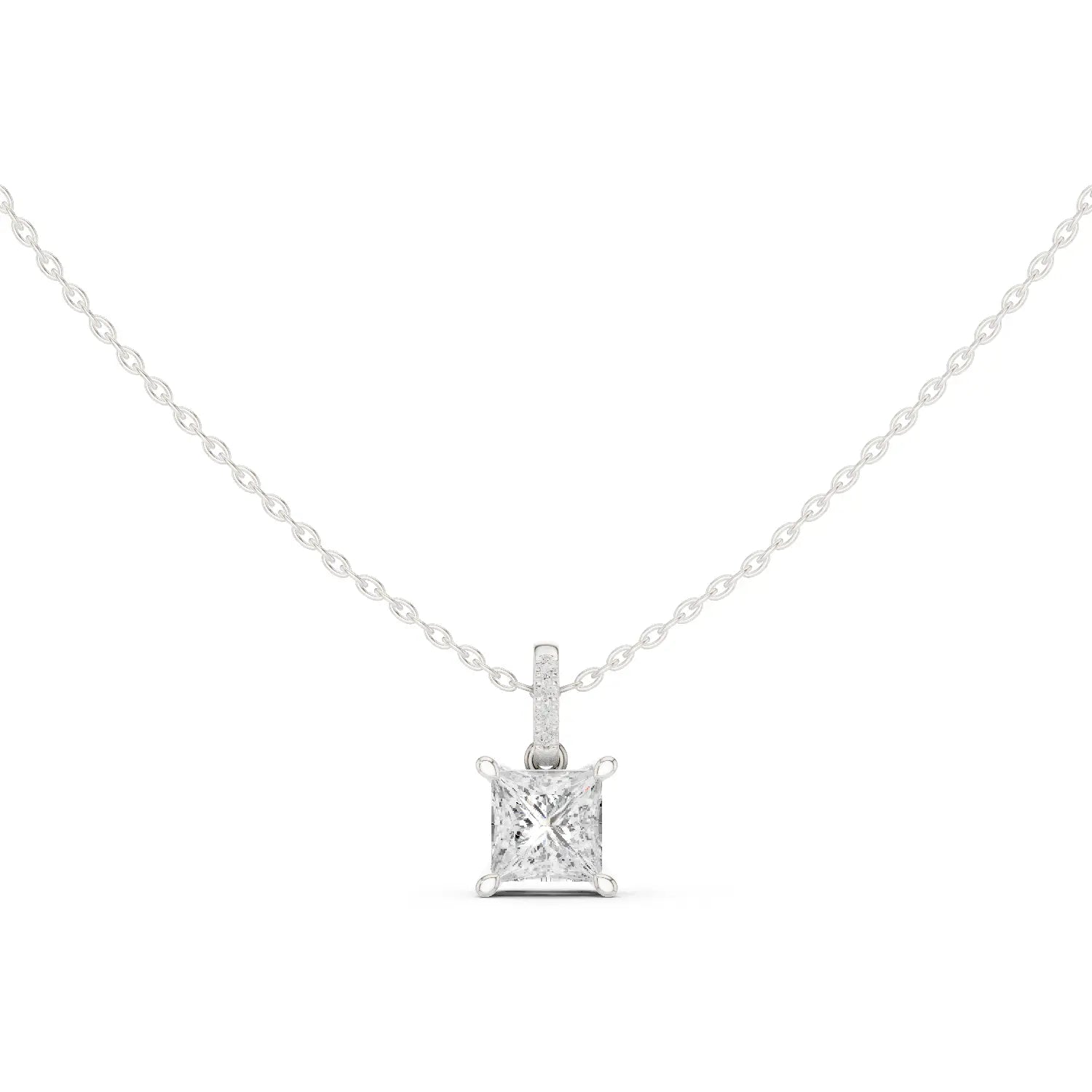 Front-view: Princess Diamond Pendant with Solitaire Setting in 14k White Gold - Lab Grown - Driona Jewels