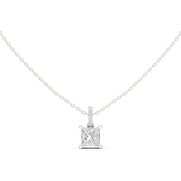 Front-view: Princess Diamond Pendant with Solitaire Setting in 14k White Gold - Lab Grown - Driona Jewels