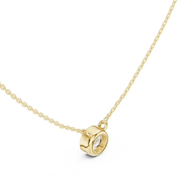 Three-quarter-view: Round Diamond Pendant with Bezel Setting in 14k Gold - Lab Grown - Driona Jewels