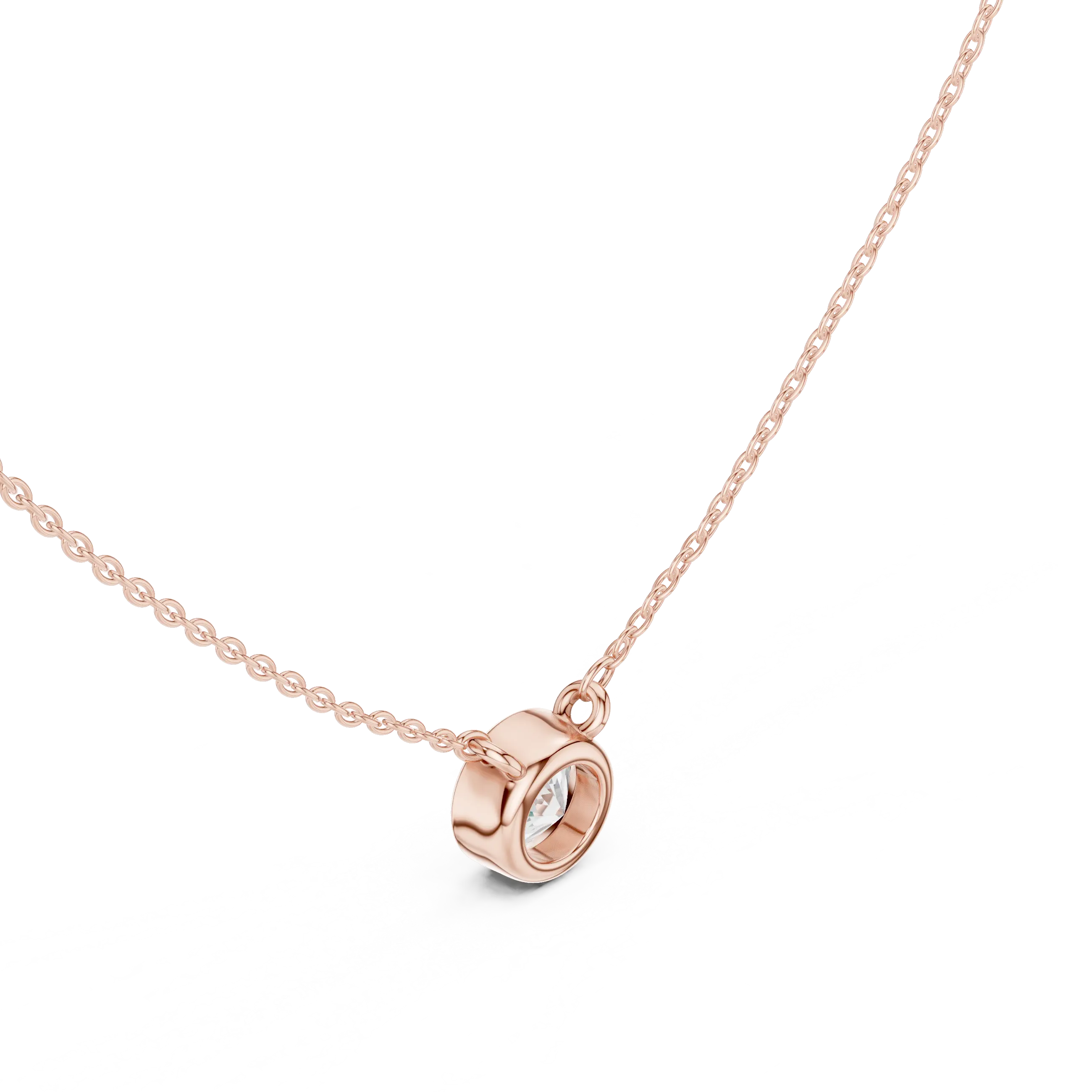 Three-quarter-view: Round Diamond Pendant with Bezel Setting in 14k Rose Gold - Lab Grown - Driona Jewels