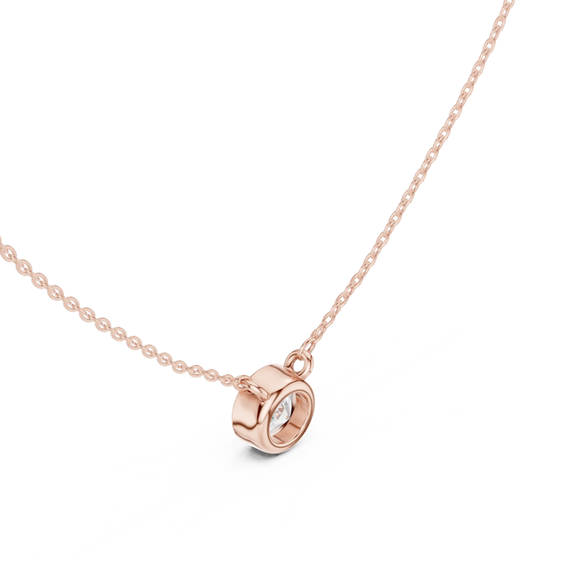 Three-quarter-view: Round Diamond Pendant with Bezel Setting in 14k Rose Gold - Lab Grown - Driona Jewels