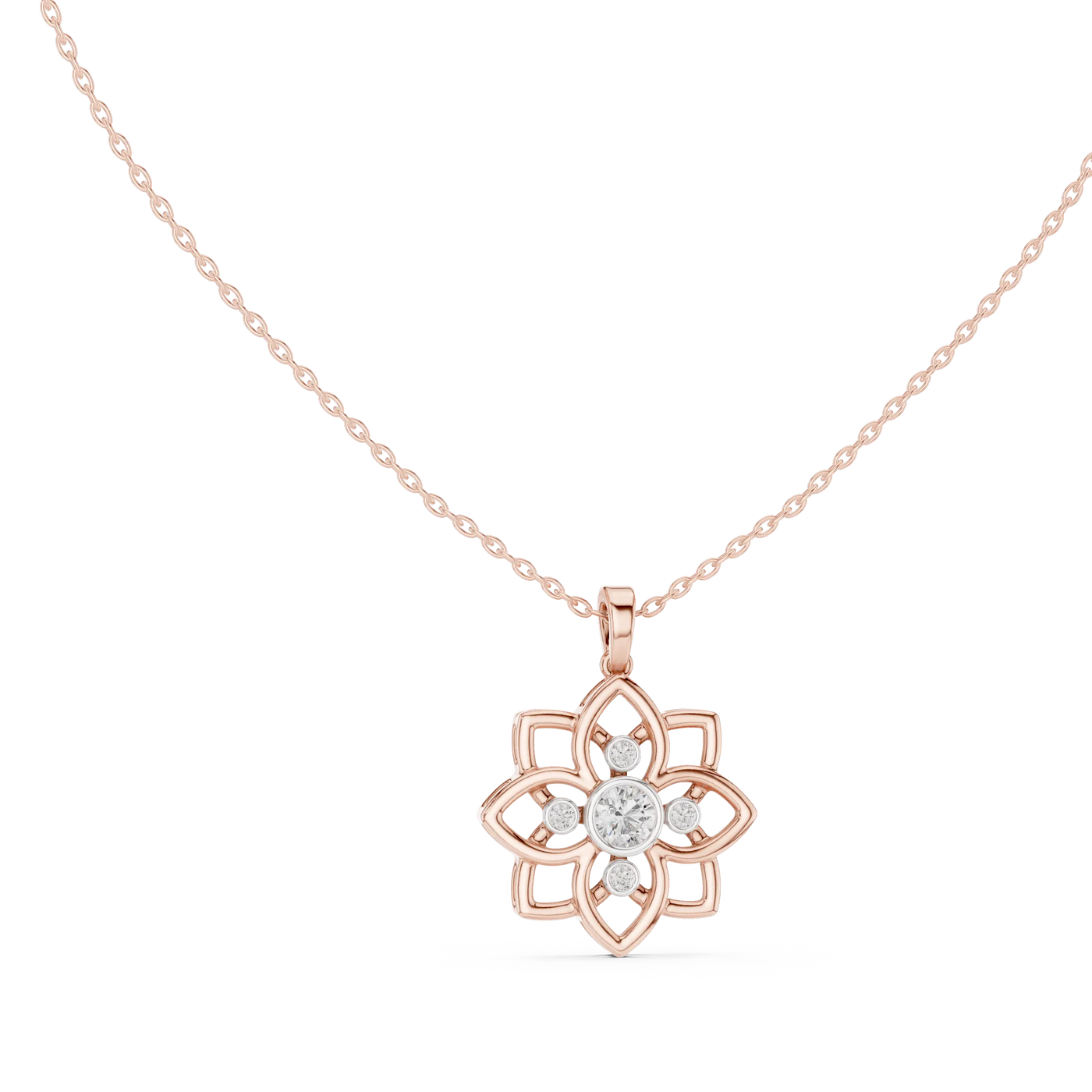 Front-View: Round Diamond Pendant with Floral Setting in 14k Rose Gold - Lab Grown - Driona Jewels