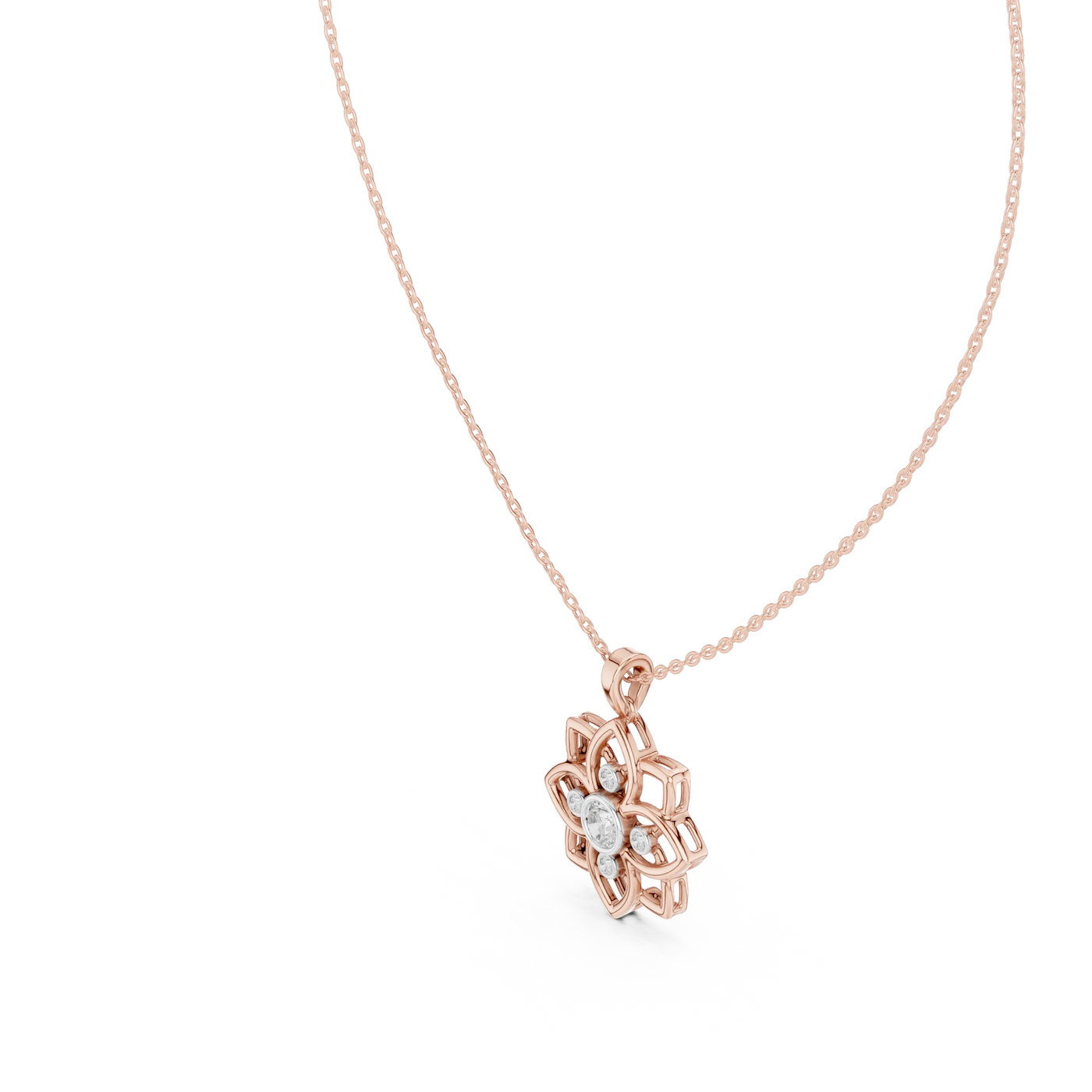 Front-View: Round Diamond Pendant with Floral Setting in 14k Rose Gold - Lab Grown - Driona Jewels