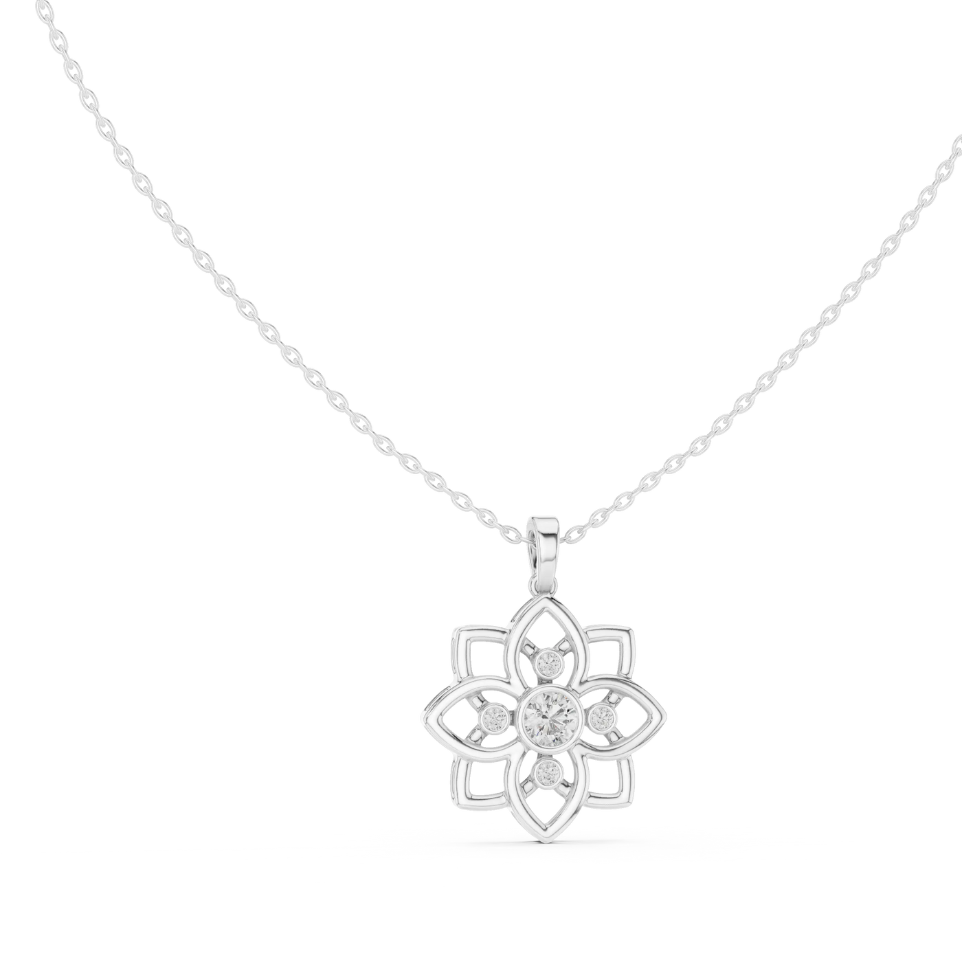 Front-View: Round Diamond Pendant with Floral Setting in 14k White Gold - Lab Grown - Driona Jewels