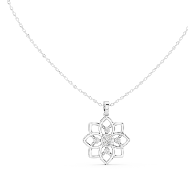 Front-View: Round Diamond Pendant with Floral Setting in 14k White Gold - Lab Grown - Driona Jewels