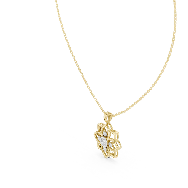 Front-View: Round Diamond Pendant with Floral Setting in 14k Yellow Gold - Lab Grown - Driona Jewels