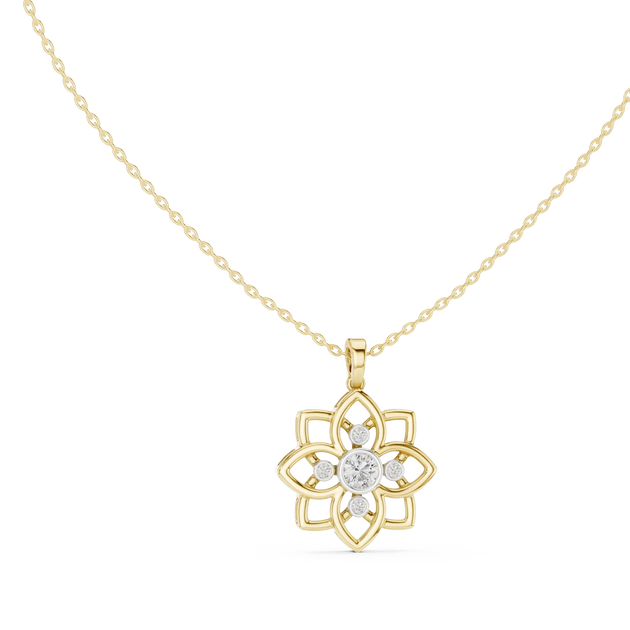 Front-View: Round Diamond Pendant with Flower Setting in 14k Yellow Gold - Lab Grown - Driona Jewels