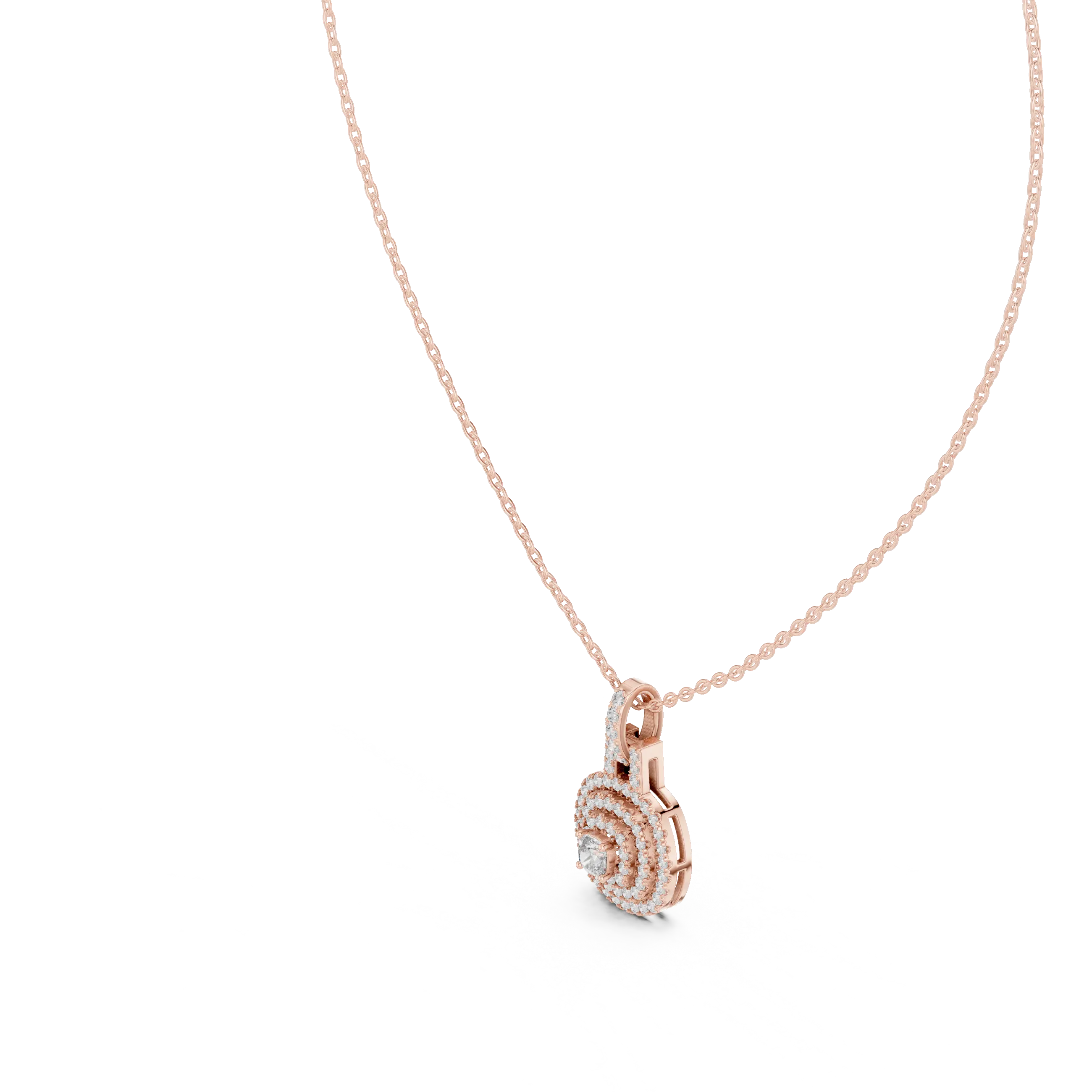 Flat-Lay: Round Diamond Pendant with Halo Setting in 14k Rose Gold - Lab Grown - Driona Jewels