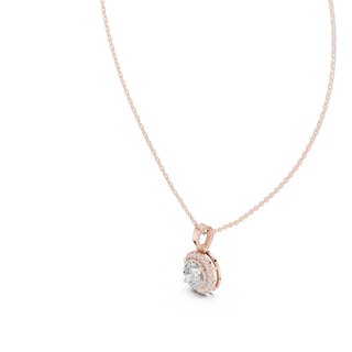 Front-view: Round Diamond Pendant with Halo Setting in 14k Rose Gold - Lab Grown - Driona Jewels