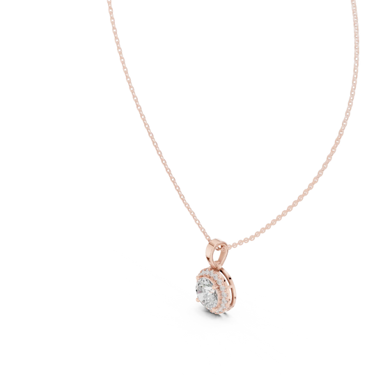 Front-view: Round Diamond Pendant with Halo Setting in 14k Rose Gold - Lab Grown - Driona Jewels