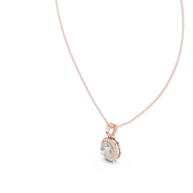 Front-view: Round Diamond Pendant with Halo Setting in 14k Rose Gold - Lab Grown - Driona Jewels