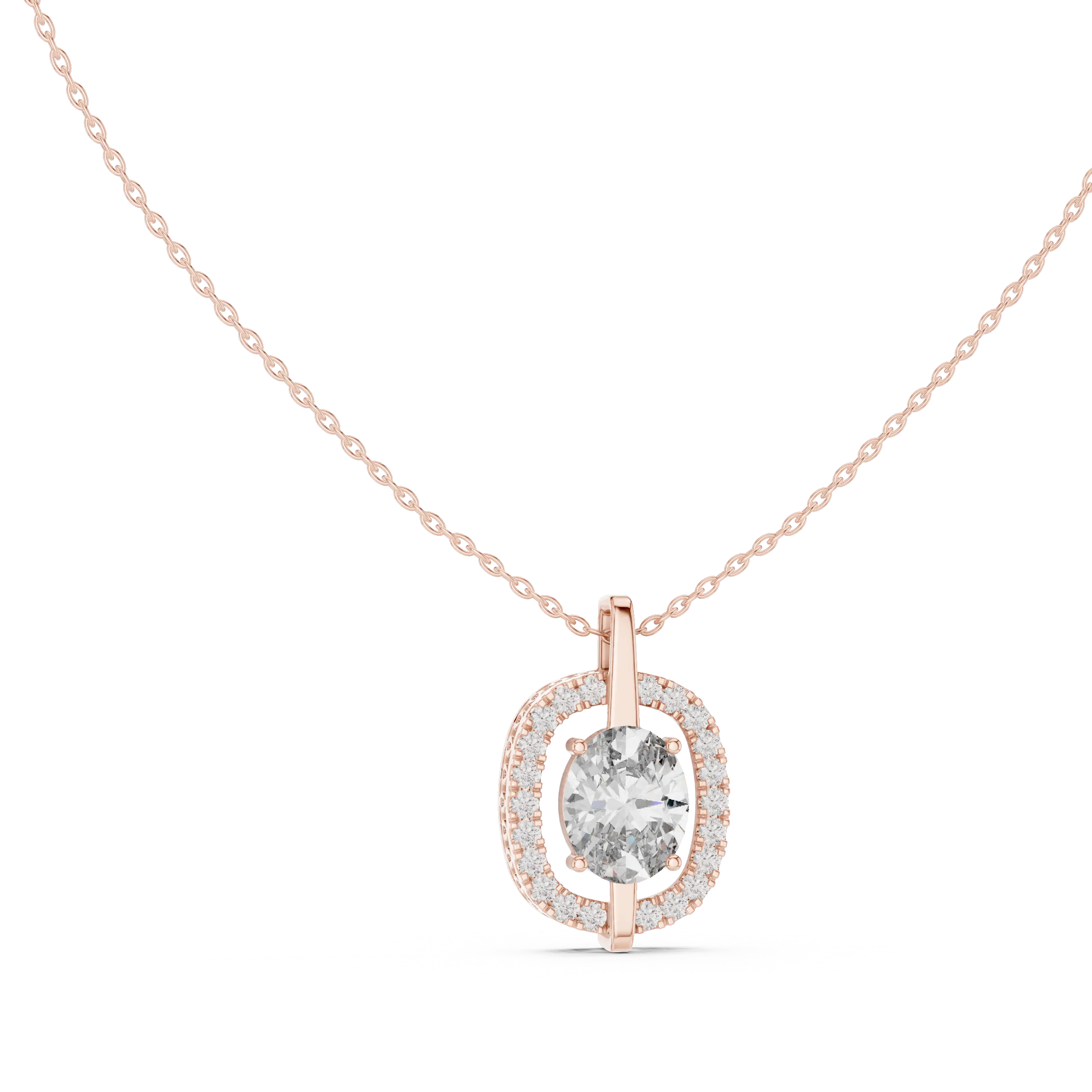 Front-view: Round Diamond Pendant with Halo Setting in 14k Rose Gold - Lab Grown - Driona Jewels