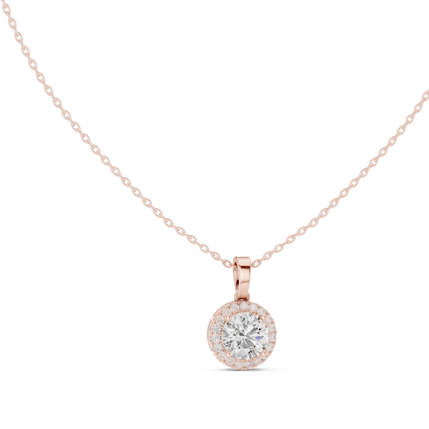Front: Round Diamond Pendant with Halo Setting in 14k Rose Gold - Lab Grown - Driona Jewels