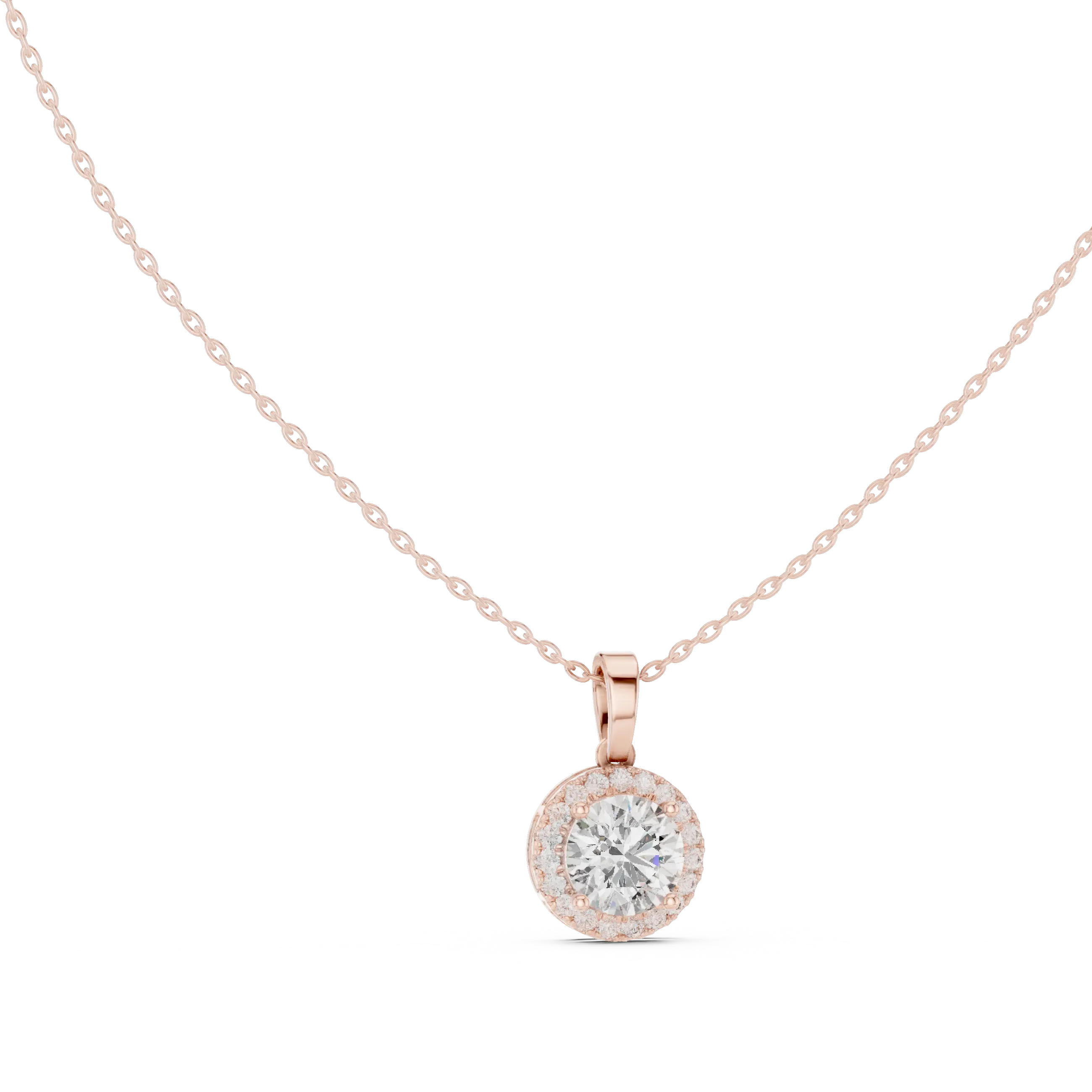 Front: Round Diamond Pendant with Halo Setting in 14k Rose Gold - Lab Grown - Driona Jewels