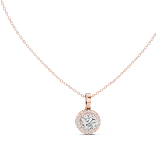 Front: Round Diamond Pendant with Halo Setting in 14k Rose Gold - Lab Grown - Driona Jewels