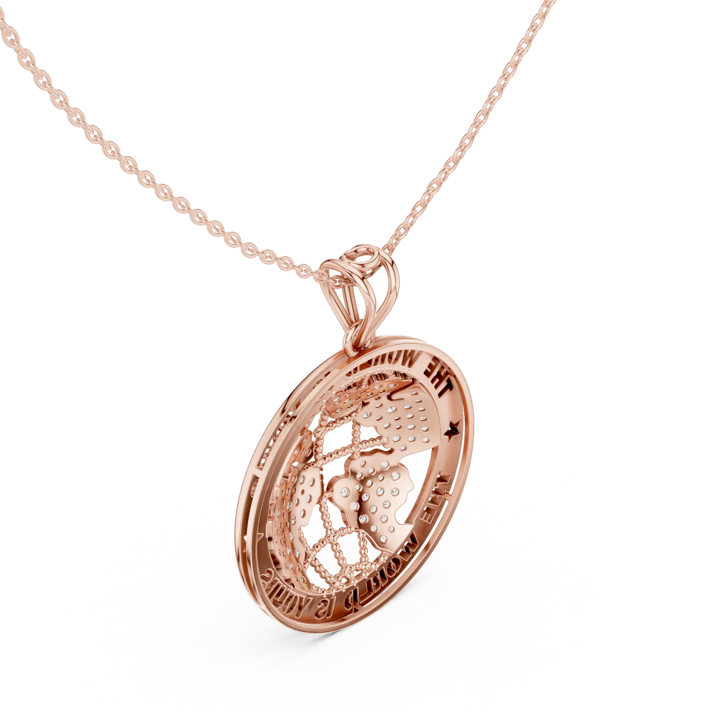 Three-quarter-view: Round Diamond Pendant with Halo Setting in 14k Rose Gold - Lab Grown - Driona Jewels