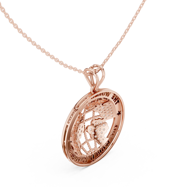 Three-quarter-view: Round Diamond Pendant with Halo Setting in 14k Rose Gold - Lab Grown - Driona Jewels