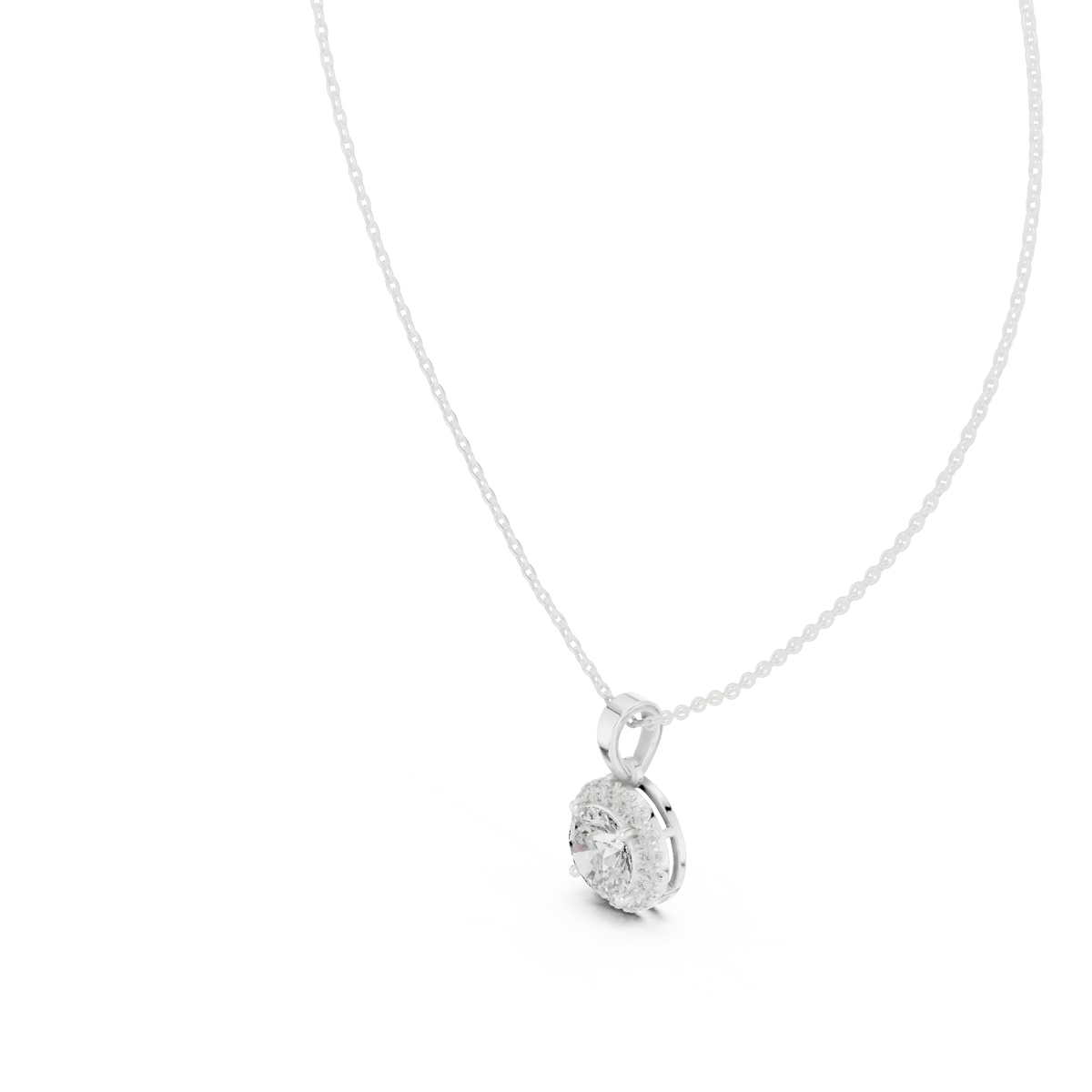 Front-view: Round Diamond Pendant with Halo Setting in 14k White Gold - Lab Grown - Driona Jewels
