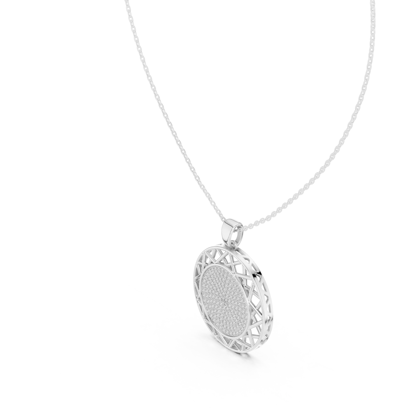Front-view: Round Diamond Pendant with Halo Setting in 14k White Gold - Lab Grown - Driona Jewels