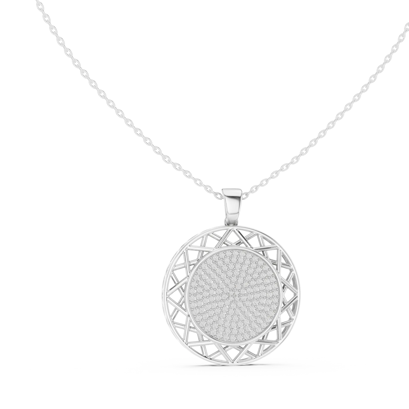 Front-View: Round Diamond Pendant with Halo Setting in 14k White Gold - Lab Grown - Driona Jewels