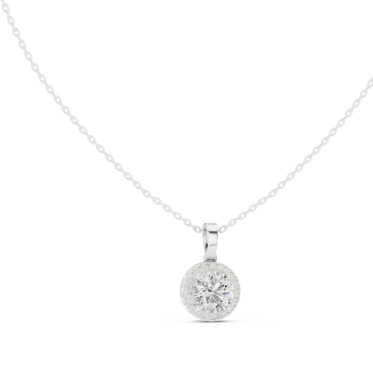 Front-view: Round Diamond Pendant with Halo Setting in 14k White Gold - Lab Grown - Driona Jewels