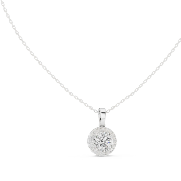 Front-view: Round Diamond Pendant with Halo Setting in 14k White Gold - Lab Grown - Driona Jewels