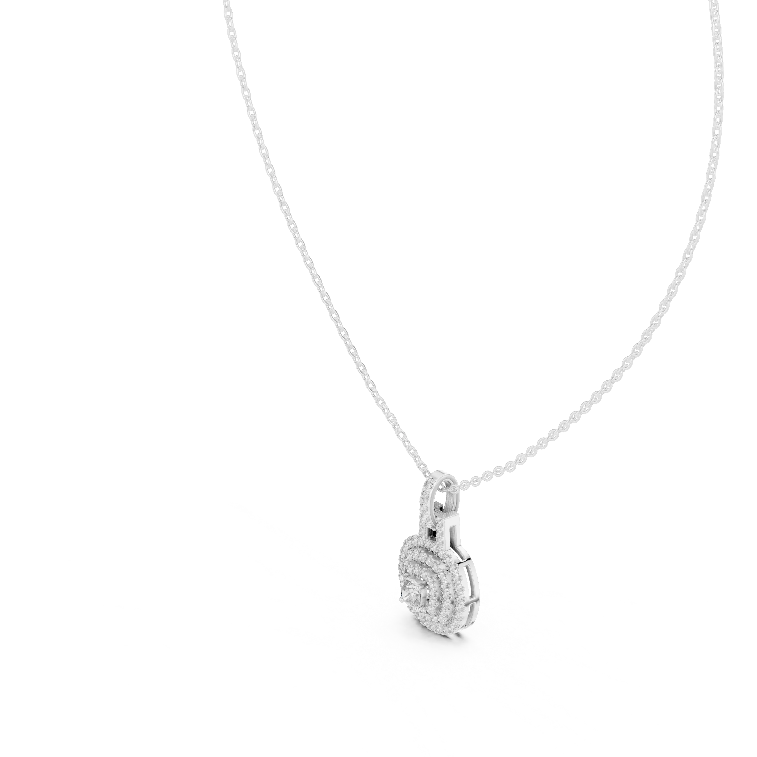 Three-quarter-view: Round Diamond Pendant with Halo Setting in 14k White Gold - Lab Grown - Driona Jewels