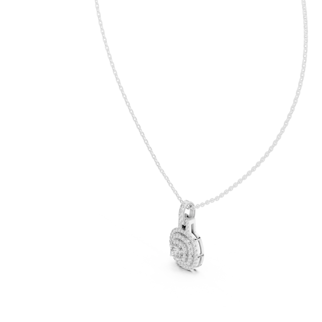 Three-quarter-view: Round Diamond Pendant with Halo Setting in 14k White Gold - Lab Grown - Driona Jewels