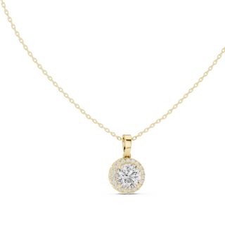 Front-view: Round Diamond Pendant with Halo Setting in 14k Yellow Gold - Lab Grown - Driona Jewels