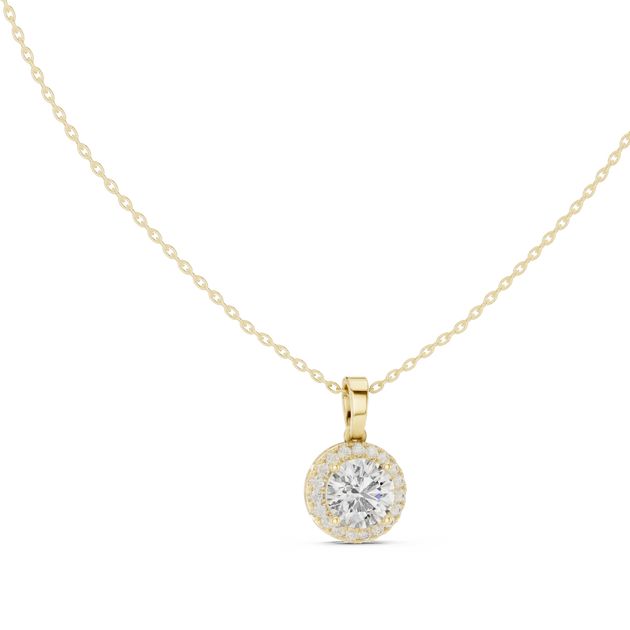 Front-view: Round Diamond Pendant with Halo Setting in 14k Yellow Gold - Lab Grown - Driona Jewels
