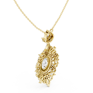Three-quarter-view: Round Diamond Pendant with Halo Setting in 14k Yellow Gold - Lab Grown - Driona Jewels
