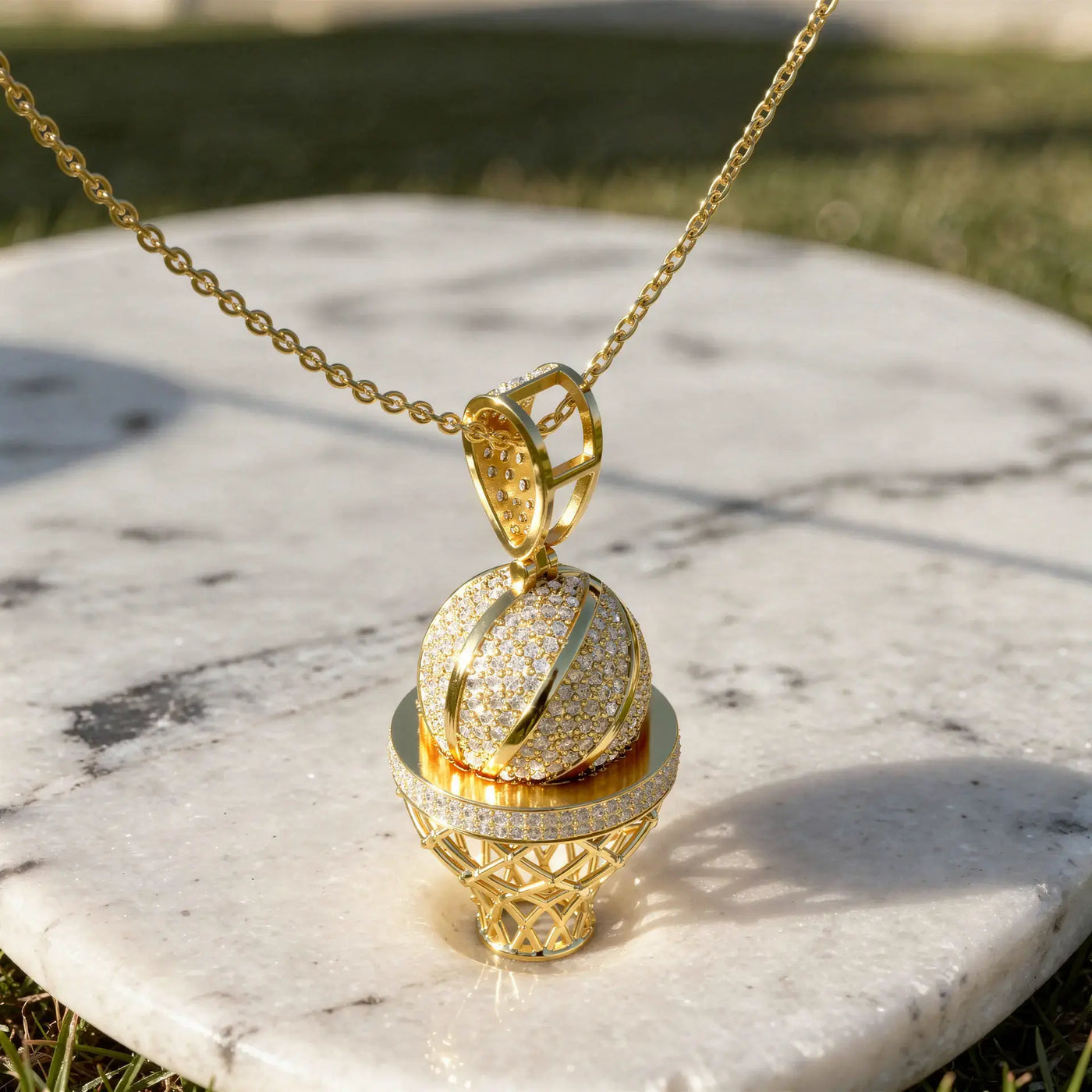 Three-quarter-view: Round Diamond Pendant with Pave Setting in 14k Gold - Lab Grown - Driona Jewels
