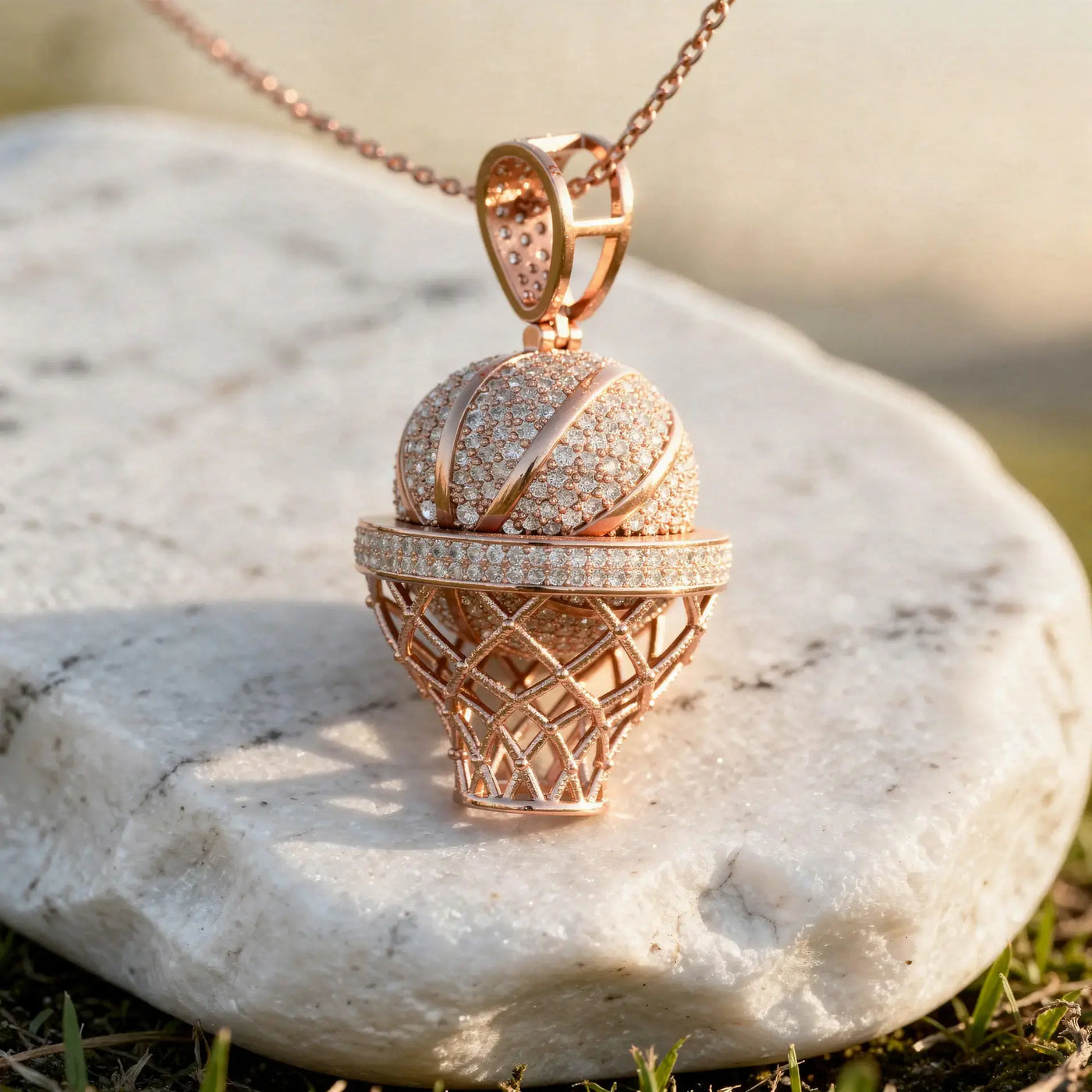 Close-up: Round Diamond Pendant with Pave Setting in 14k Rose Gold - Lab Grown - Driona Jewels