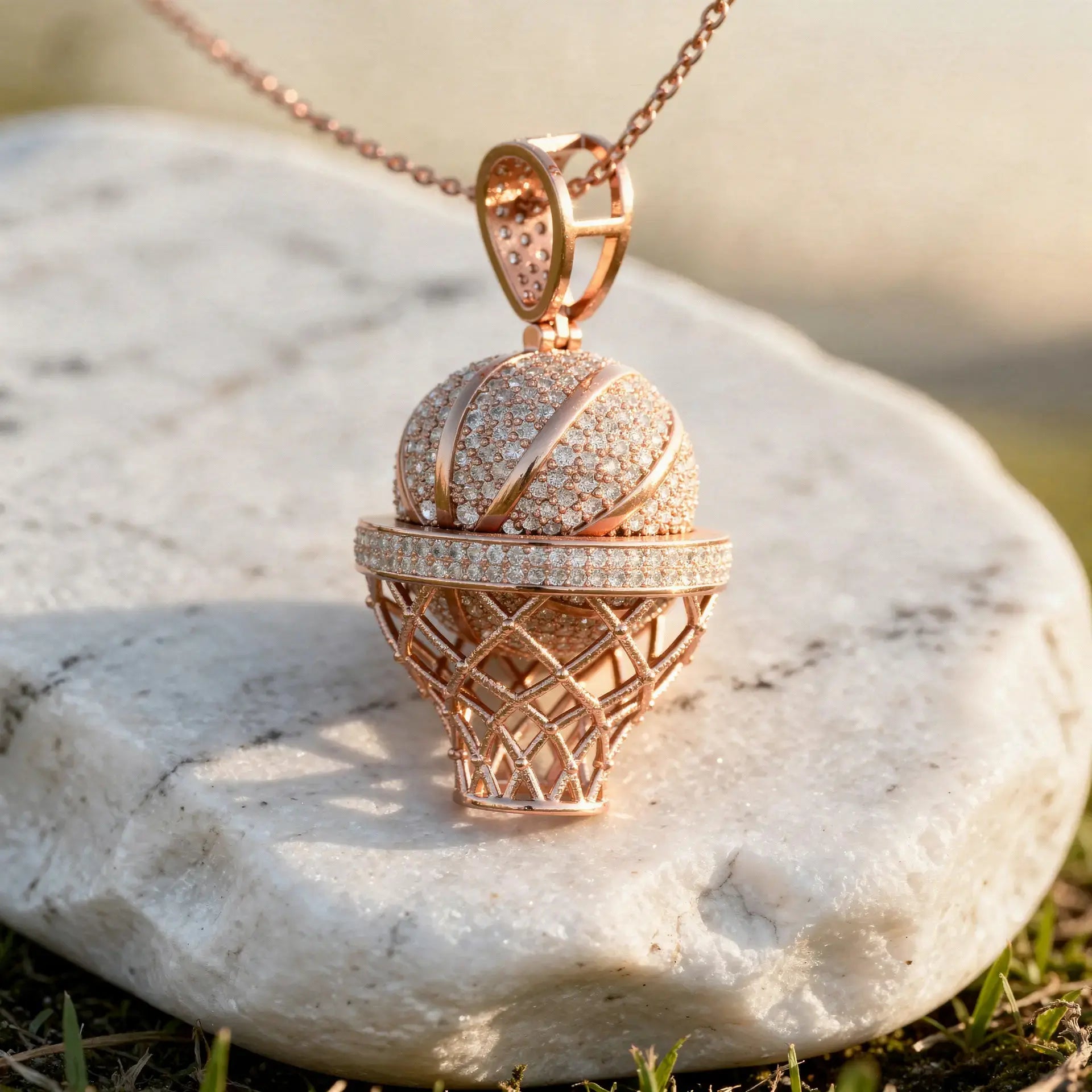 Close-up: Round Diamond Pendant with Pave Setting in 14k Rose Gold - Lab Grown - Driona Jewels