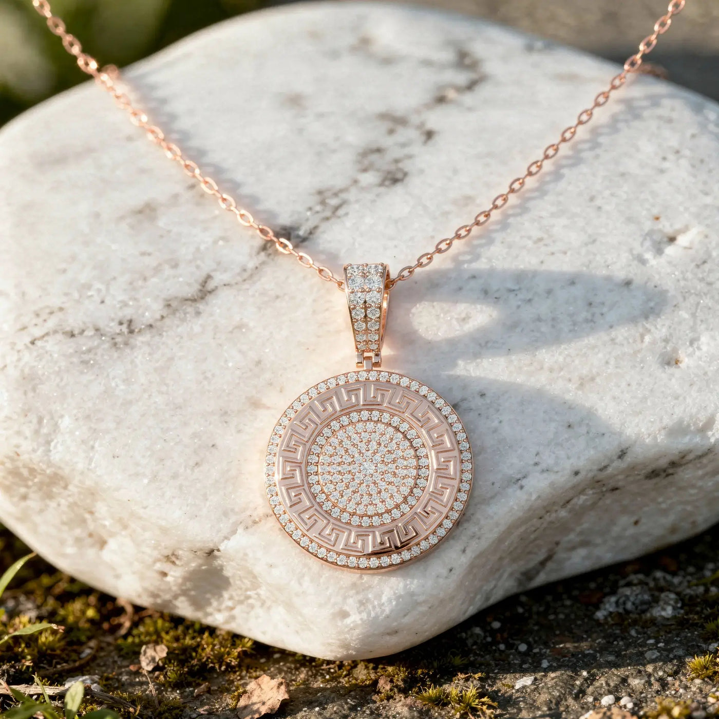 Front-view: Round Diamond Pendant with Pave Setting in 14k Rose Gold - Lab Grown - Driona Jewels